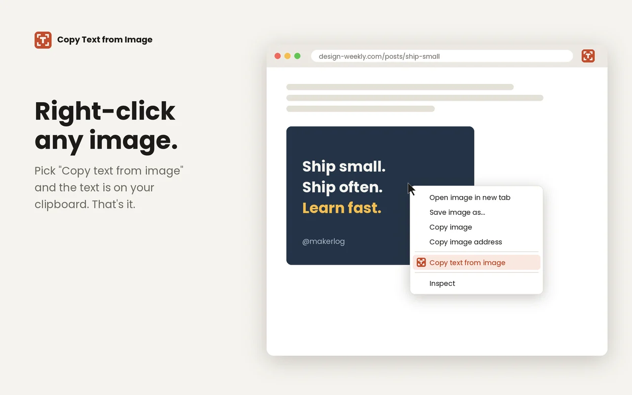 Right-clicking an image and choosing Copy text from image