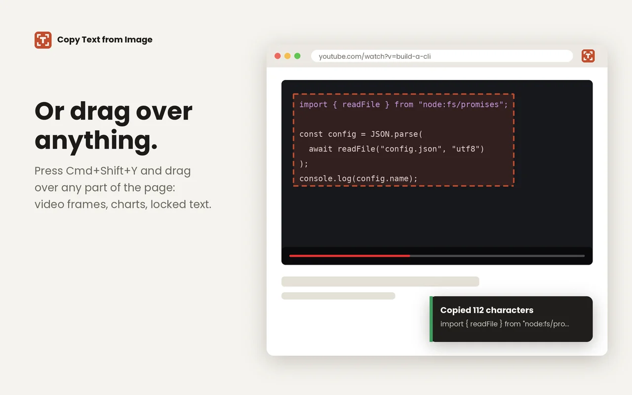 A dashed selection box dragged over code in a video, with a notice that 112 characters were copied