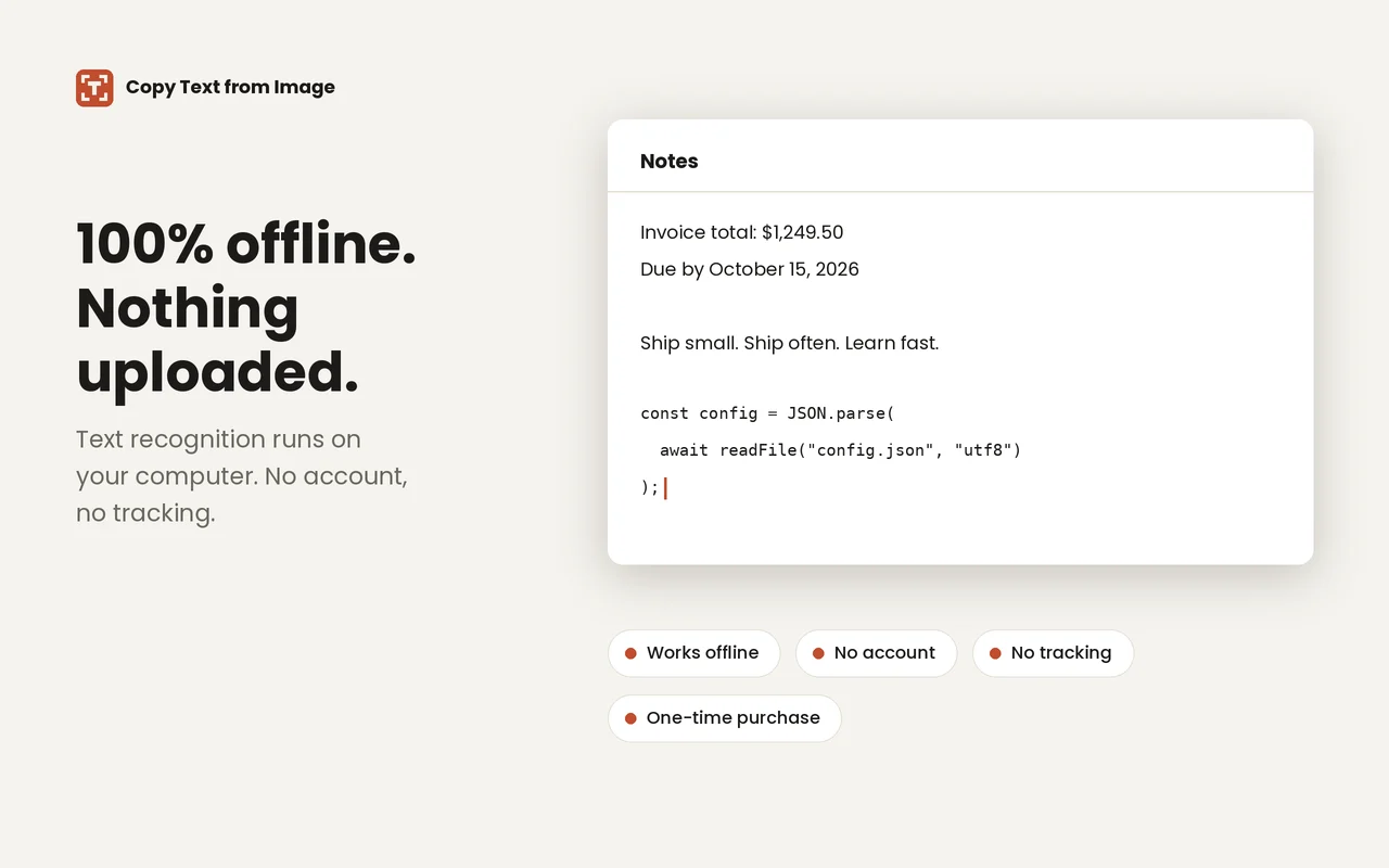 Text pasted into a notes app, with the labels works offline, no account, no tracking, and one-time purchase